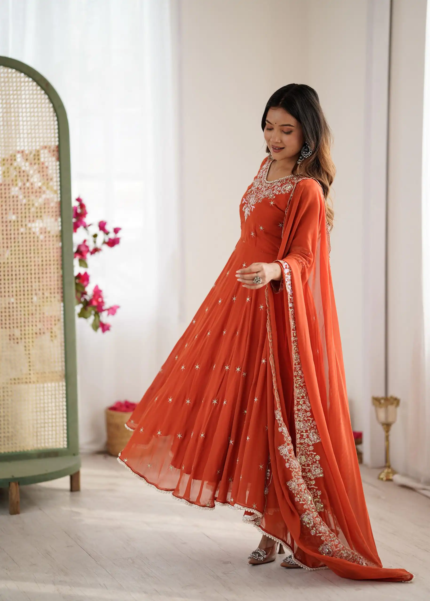 ZF 5012 Orange Blooming Faux Gown with Embroidery Work. Wedding, Party, Festive, Events Grab it for ₹2149. Delivery 4-6 Working Days. Shop now. | Bollywood Lehenga, Creative Lehenga, Designer Lehenga, Embroidered Lehenga, Lehenga, Party Wear Lehenga