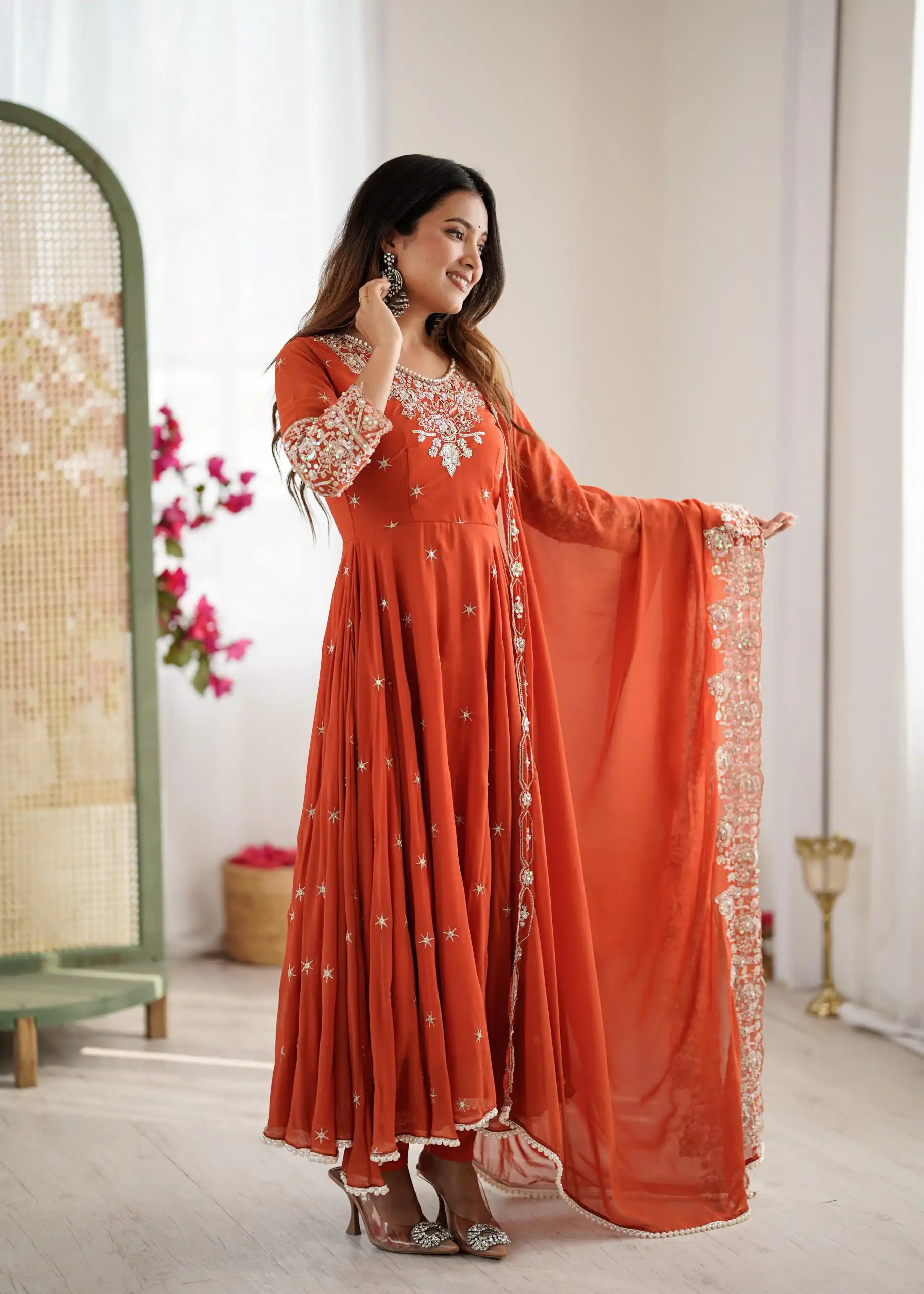 ZF 5012 Orange Blooming Faux Gown with Embroidery Work. Wedding, Party, Festive, Events Grab it for ₹2149. Delivery 4-6 Working Days. Shop now. | Bollywood Lehenga, Creative Lehenga, Designer Lehenga, Embroidered Lehenga, Lehenga, Party Wear Lehenga