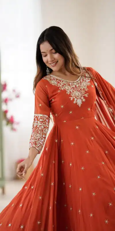 ZF 5012 Orange Blooming Faux Gown with Embroidery Work. Wedding, Party, Festive, Events Grab it for ₹2149. Delivery 4-6 Working Days. Shop now. | Bollywood Lehenga, Creative Lehenga, Designer Lehenga, Embroidered Lehenga, Lehenga, Party Wear Lehenga