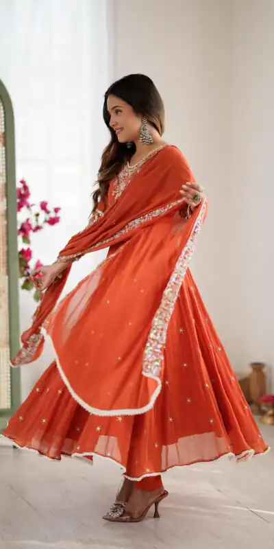ZF 5012 Orange Blooming Faux Gown with Embroidery Work. Wedding, Party, Festive, Events Grab it for ₹2149. Delivery 4-6 Working Days. Shop now. | Bollywood Lehenga, Creative Lehenga, Designer Lehenga, Embroidered Lehenga, Lehenga, Party Wear Lehenga