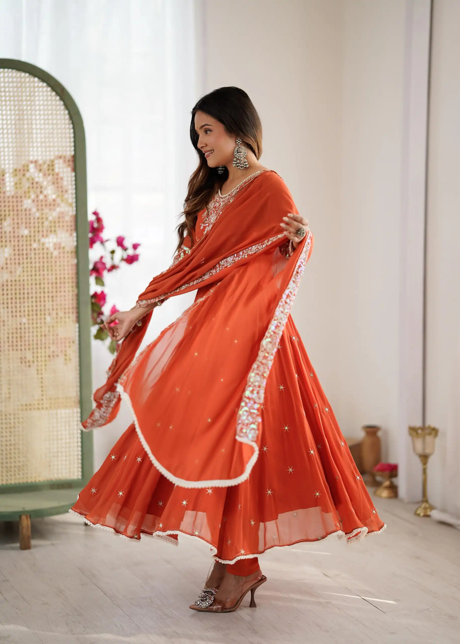 ZF 5012 Orange Blooming Faux Gown with Embroidery Work. Wedding, Party, Festive, Events Grab it for ₹2149. Delivery 4-6 Working Days. Shop now. | Bollywood Lehenga, Creative Lehenga, Designer Lehenga, Embroidered Lehenga, Lehenga, Party Wear Lehenga