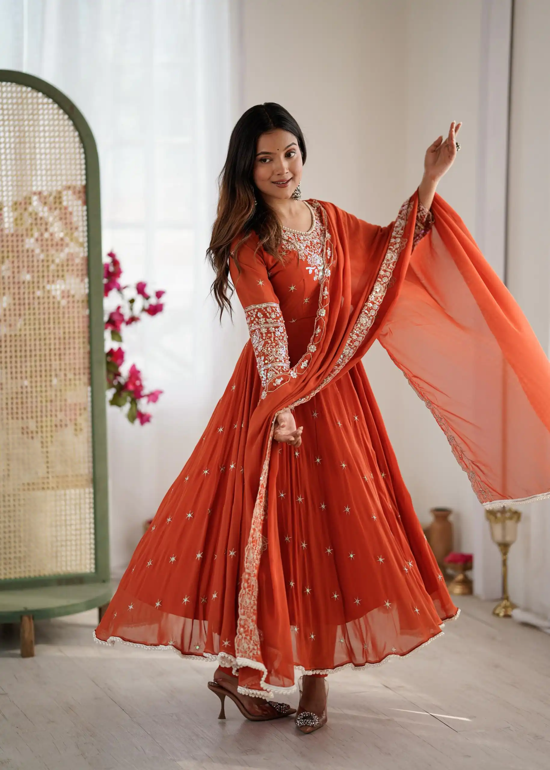 ZF 5012 Orange Blooming Faux Gown with Embroidery Work. Wedding, Party, Festive, Events Grab it for ₹2149. Delivery 4-6 Working Days. Shop now. | Bollywood Lehenga, Creative Lehenga, Designer Lehenga, Embroidered Lehenga, Lehenga, Party Wear Lehenga