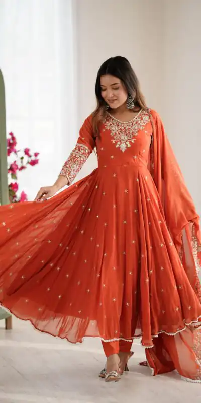 ZF 5012 Orange Blooming Faux Gown with Embroidery Work. Wedding, Party, Festive, Events Grab it for ₹2149. Delivery 4-6 Working Days. Shop now. | Bollywood Lehenga, Creative Lehenga, Designer Lehenga, Embroidered Lehenga, Lehenga, Party Wear Lehenga