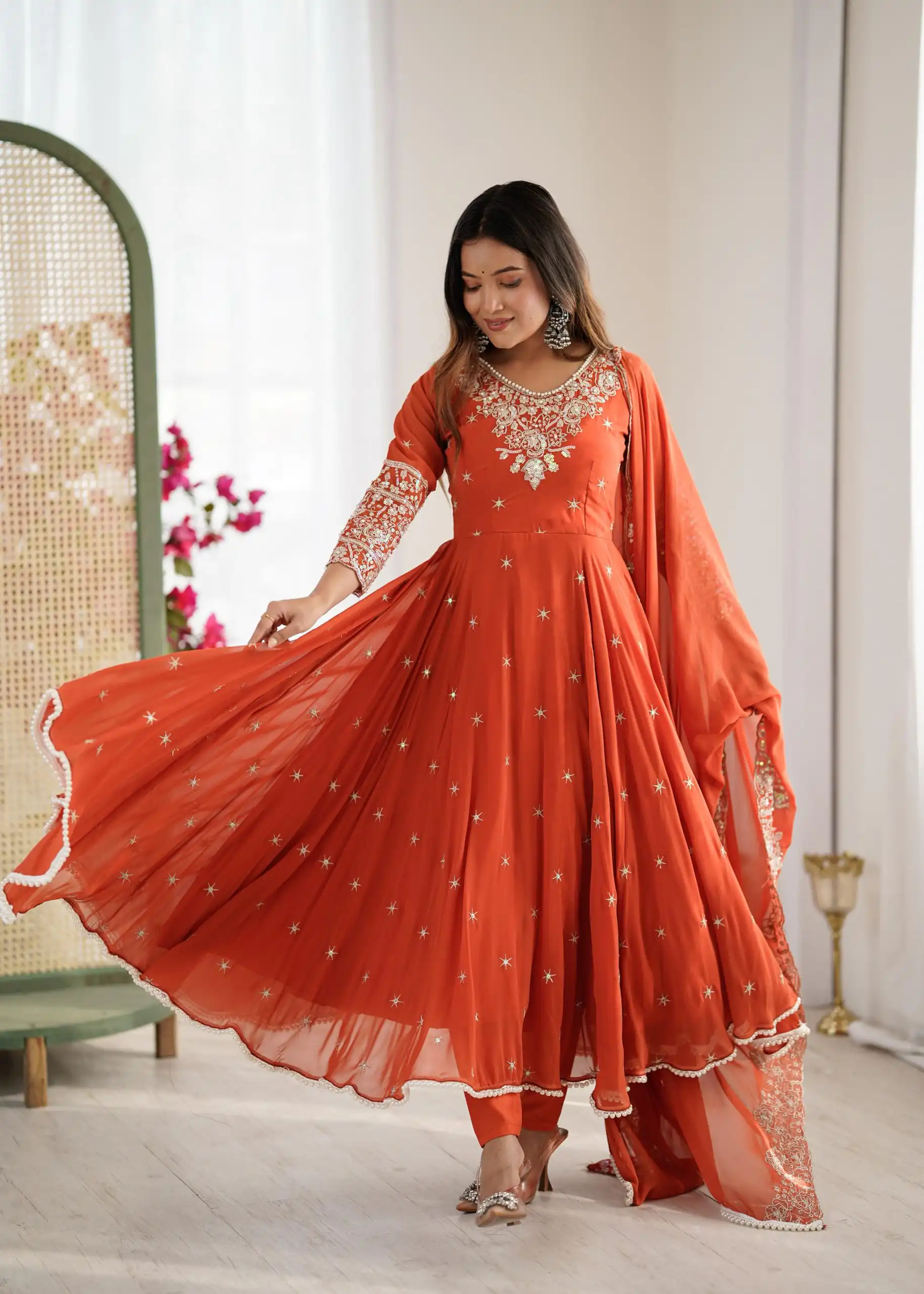 ZF 5012 Orange Blooming Faux Gown with Embroidery Work. Wedding, Party, Festive, Events Grab it for ₹2149. Delivery 4-6 Working Days. Shop now. | Bollywood Lehenga, Creative Lehenga, Designer Lehenga, Embroidered Lehenga, Lehenga, Party Wear Lehenga