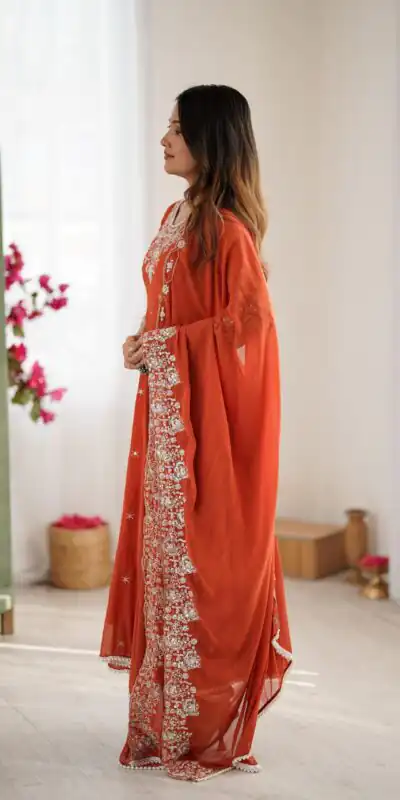 ZF 5012 Orange Blooming Faux Gown with Embroidery Work. Wedding, Party, Festive, Events Grab it for ₹2149. Delivery 4-6 Working Days. Shop now. | Bollywood Lehenga, Creative Lehenga, Designer Lehenga, Embroidered Lehenga, Lehenga, Party Wear Lehenga