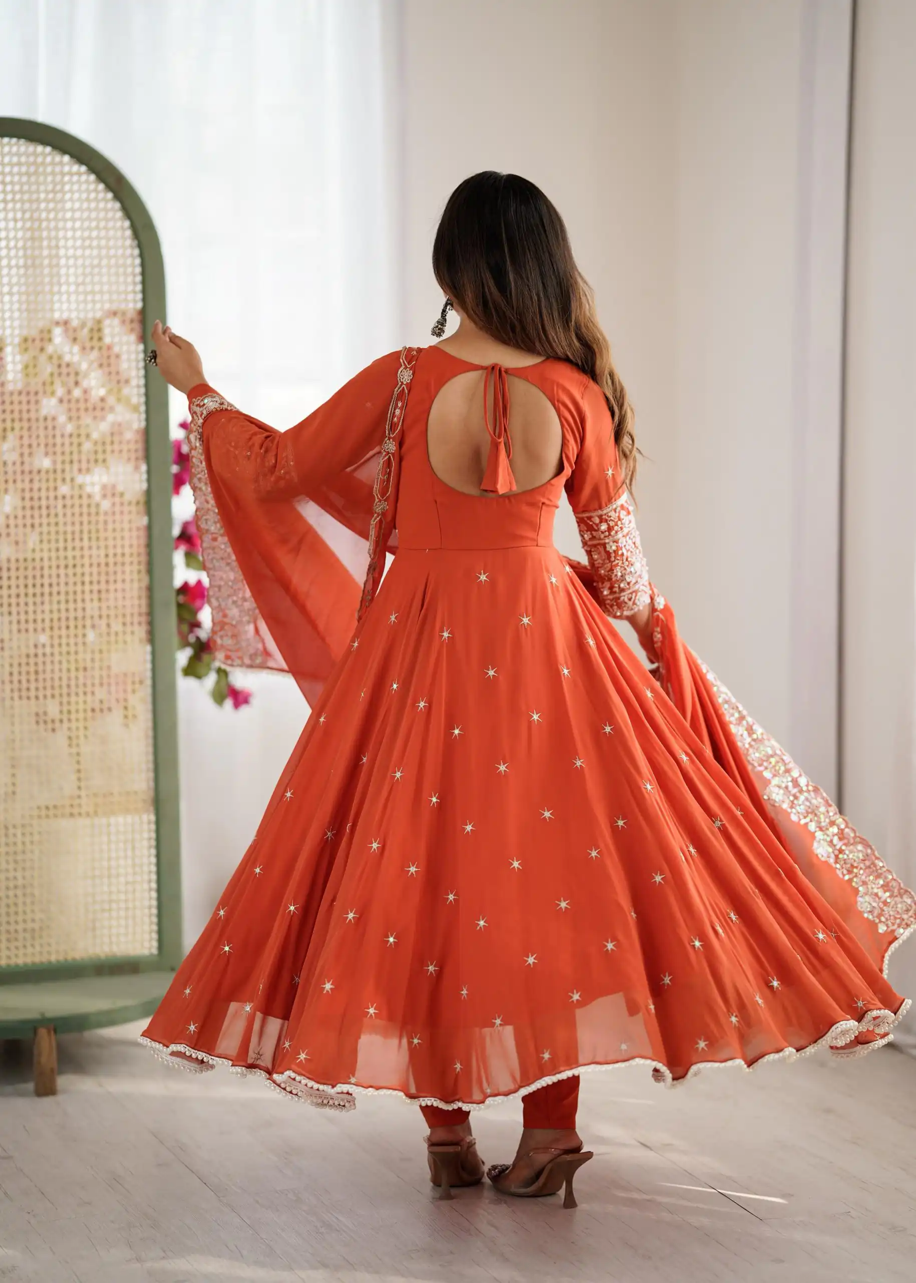 ZF 5012 Orange Blooming Faux Gown with Embroidery Work. Wedding, Party, Festive, Events Grab it for ₹2149. Delivery 4-6 Working Days. Shop now. | Bollywood Lehenga, Creative Lehenga, Designer Lehenga, Embroidered Lehenga, Lehenga, Party Wear Lehenga