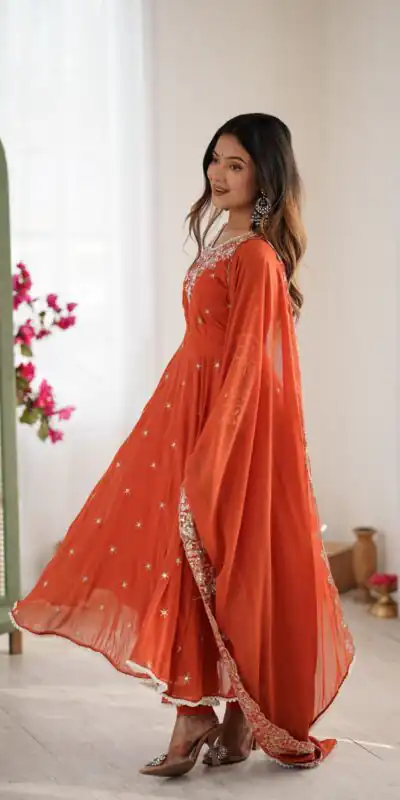 ZF 5012 Orange Blooming Faux Gown with Embroidery Work. Wedding, Party, Festive, Events Grab it for ₹2149. Delivery 4-6 Working Days. Shop now. | Bollywood Lehenga, Creative Lehenga, Designer Lehenga, Embroidered Lehenga, Lehenga, Party Wear Lehenga