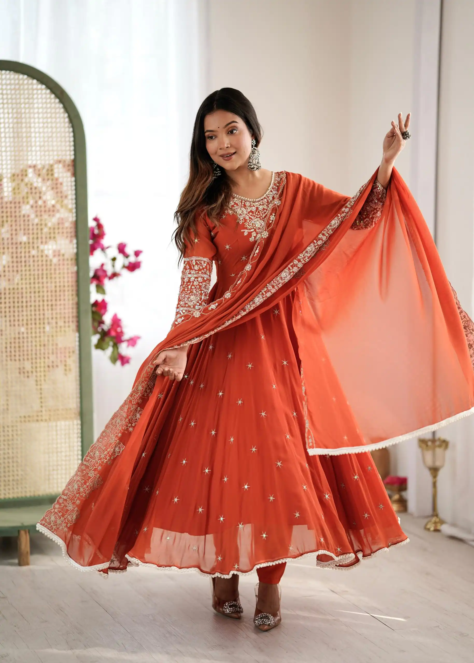 ZF 5012 Orange Blooming Faux Gown with Embroidery Work. Wedding, Party, Festive, Events Grab it for ₹2149. Delivery 4-6 Working Days. Shop now. | Bollywood Lehenga, Creative Lehenga, Designer Lehenga, Embroidered Lehenga, Lehenga, Party Wear Lehenga