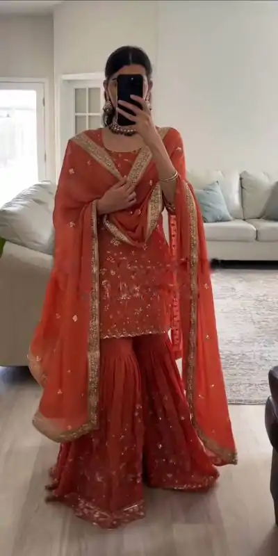 SRK 5303 Orange in Faux Georgette Lace Work & Embroidery Work Salwar Suit . Festive Deal ₹1999. Delivery 4-6 Working Days. Shop now. | Bollywood Gowns, Creative Gowns, Designer Gowns, Embroidered Gowns, Gowns, Party Wear Gowns