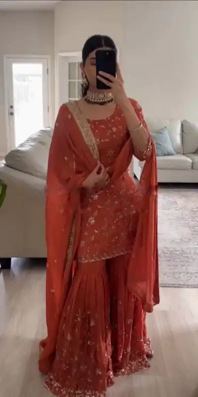 SRK 5303 Orange in Faux Georgette Lace Work & Embroidery Work Salwar Suit . Festive Deal ₹1999. Delivery 4-6 Working Days. Shop now. | Bollywood Gowns, Creative Gowns, Designer Gowns, Embroidered Gowns, Gowns, Party Wear Gowns