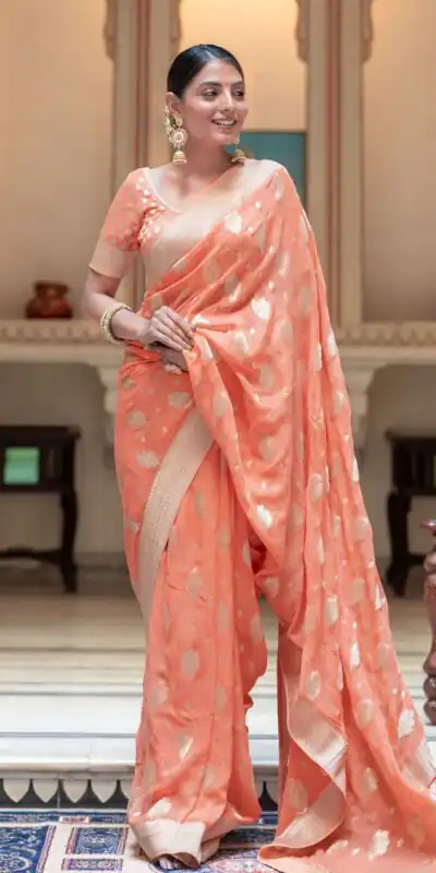 KPR 190 Peach Soft Lichi Silk Jacquard Work Saree with Designer Work Wedding, Party, Festive, Events, Deal ₹1399. Delivery 4-6 Working Days. Shop now. | Bollywood Sarees, Creative Sarees, Designer Sarees, Embroidered Sarees, Ethnic Saree, Modern Digital sarees, Party Wear Sarees, Sarees