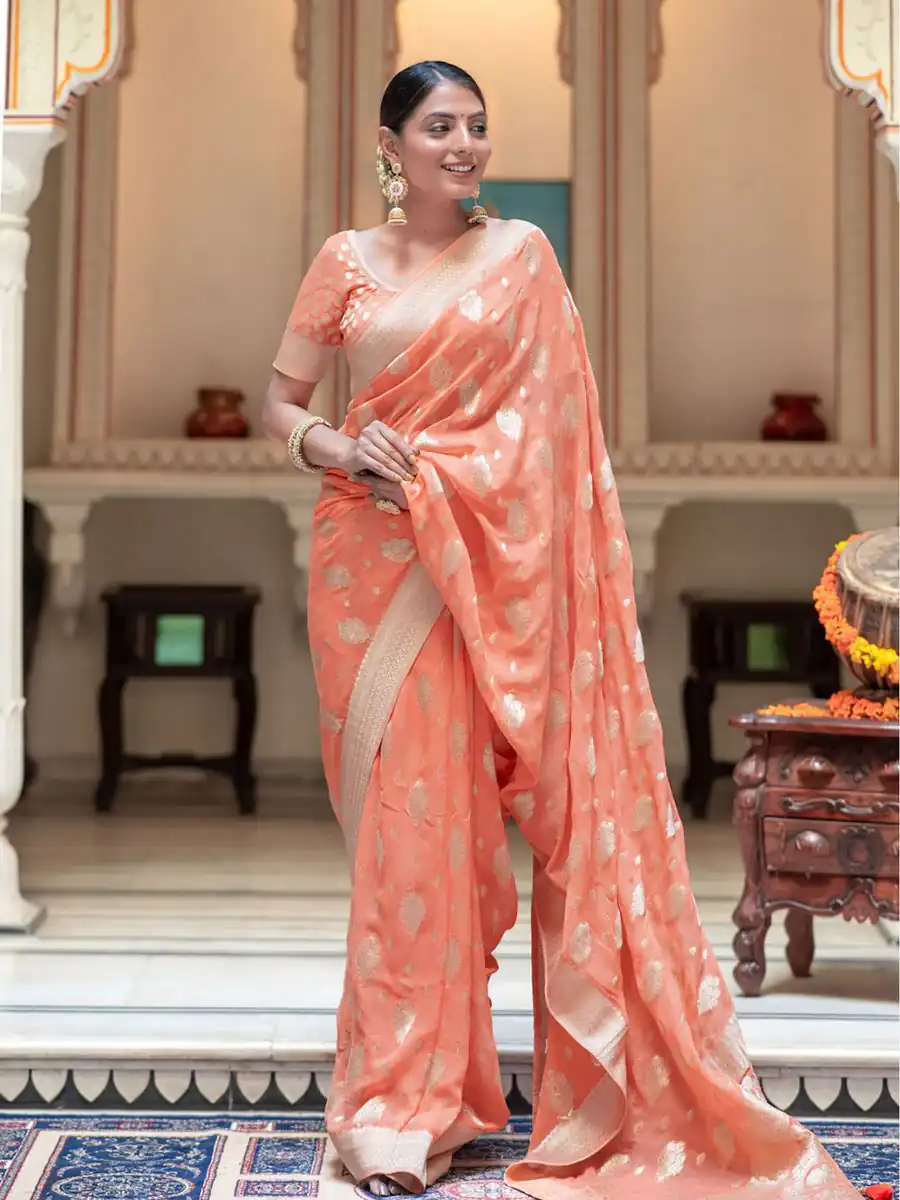 KPR 190 Peach Soft Lichi Silk Jacquard Work Saree with Designer Work Wedding, Party, Festive, Events, Deal ₹1399. Delivery 4-6 Working Days. Shop now. | Bollywood Sarees, Creative Sarees, Designer Sarees, Embroidered Sarees, Ethnic Saree, Modern Digital sarees, Party Wear Sarees, Sarees