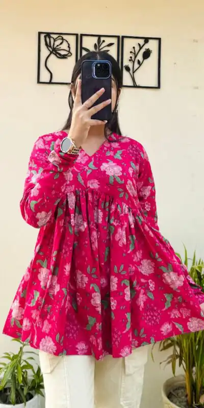 INLI Plume Pink Color Cotton with Designer Printed Work Kurti . Wedding, Party, Festive, Events, Best Price ₹1299. Delivery 4-6 Working Days. Shop now. | Bollywood Kurti, Creative Kurtis, Designer Kurti, Kurti, Party Wear Kurti, Selfie Kurti