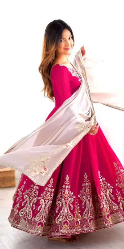 ZF 5008 Pink Georgette Gown with Embroidery Work. Wedding, Party, Festive, Events, Special Price ₹2049. Delivery 4-6 Working Days. Shop now. | Designer Suits, Jump Suits, Casual Suits, Creative suits, Palazzo Suits, Party Wear Suits, Patiala Suits, Salwar suit, Straight Suits