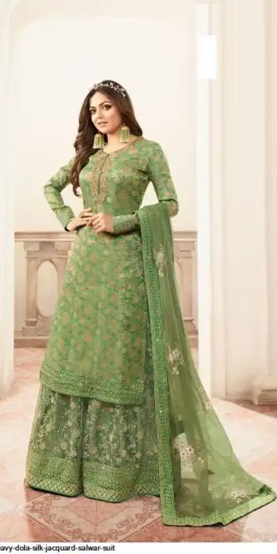 FC L.t 5401 Pista Color Jacquard Silk Georgette Diamond Sharara Suit Wedding, Party, Festive Expected Delivery 4-6 Working Days  @2999/- | Jump Suits, Straight Suits, Casual Suits, Creative suits, Designer Suits, Palazzo Suits, Party Wear Suits, Patiala Suits, Salwar suit