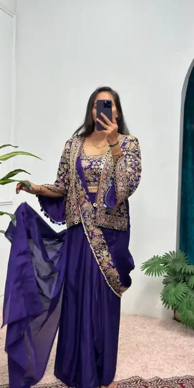 ST 1074 Purple Color Chinon Saree with Embroidery Work & Lace Work. Best Price ₹2399. Delivery 4-6 Working Days. Shop now. | Bollywood Sarees, Creative Sarees, Designer Sarees, Embroidered Sarees, Ethnic Saree, Modern Digital sarees, Party Wear Sarees, Sarees