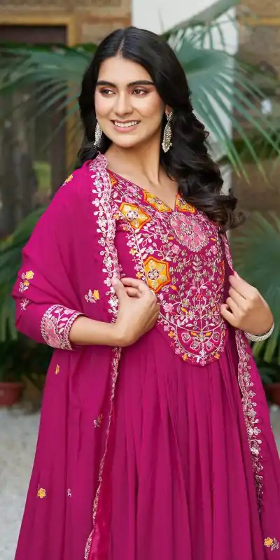 Ram 105 Rani Pink Star Georgette Gown with Embroidery Work & Thread Embroidery. Get it for ₹2049. Delivery 4-6 Working Days. Shop now. | Designer Suits, Jump Suits, Casual Suits, Creative suits, Palazzo Suits, Party Wear Suits, Patiala Suits, Salwar suit, Straight Suits