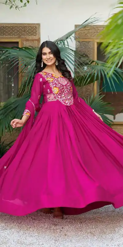 Ram 105 Rani Pink Star Georgette Gown with Embroidery Work & Thread Embroidery. Get it for ₹2049. Delivery 4-6 Working Days. Shop now. | Designer Suits, Jump Suits, Casual Suits, Creative suits, Palazzo Suits, Party Wear Suits, Patiala Suits, Salwar suit, Straight Suits
