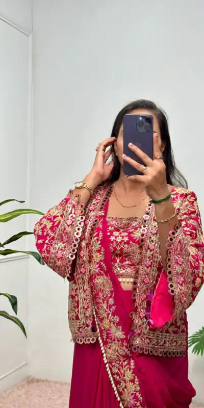 ST 1074 Red Color Chinon Saree with Embroidery Work & Lace Work. Wedding, Party, Festive, Events, Best Price ₹2399. Delivery 4-6 Working Days. Shop now. | Bollywood Sarees, Creative Sarees, Designer Sarees, Embroidered Sarees, Ethnic Saree, Modern Digital sarees, Party Wear Sarees, Sarees