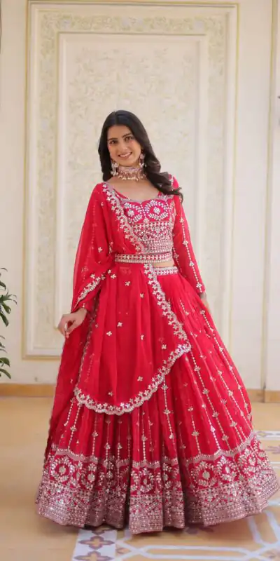 Ram 085 Red Color Fox Georgette Lehenga Choli with Embroidery Work. Grab it for ₹3049. Delivery 4-6 Working Days. Shop now. | Bollywood Lehenga, Creative Lehenga, Designer Lehenga, Embroidered Lehenga, Lehenga, Party Wear Lehenga