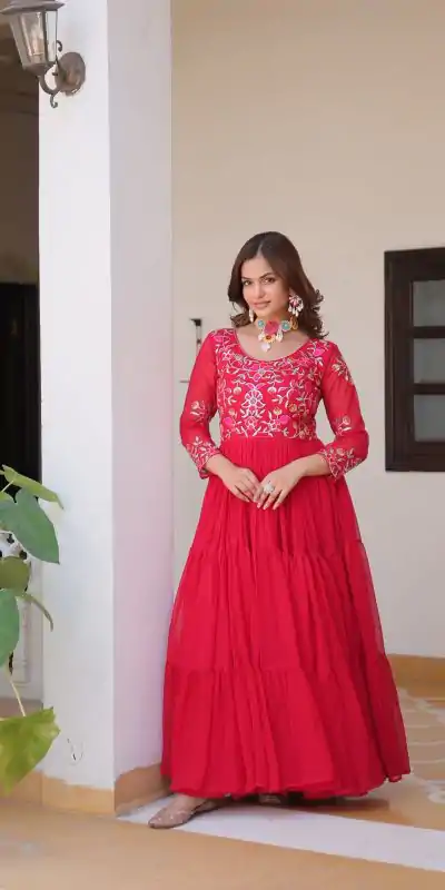 Ram 082 Red Fox Georgette Gown Perfect for Wedding, Party, Sangeet, Durga Puja, Reception – . Grab it for ₹1849. Delivery 4-6 Working Days. Shop now. | Designer Suits, Jump Suits, Casual Suits, Creative suits, Palazzo Suits, Party Wear Suits, Patiala Suits, Salwar suit, Straight Suits