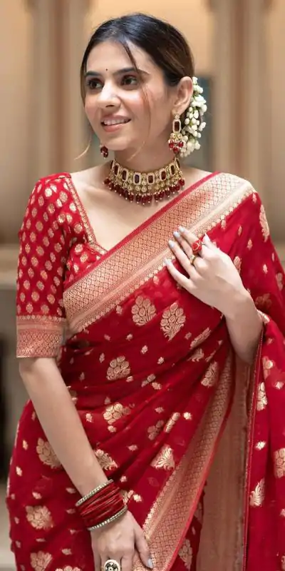 KPR 190 Red Soft Lichi Silk Jacquard Work Saree with Designer Work Wedding, Party, Festive, Events, Deal ₹1399. Delivery 4-6 Working Days. Shop now. | Bollywood Sarees, Creative Sarees, Designer Sarees, Embroidered Sarees, Ethnic Saree, Modern Digital sarees, Party Wear Sarees, Sarees