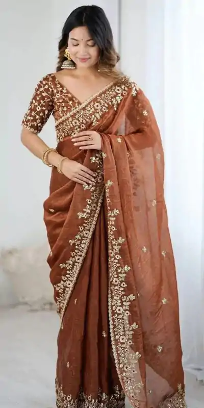 AC MISTY Rust in Fandy Chiffon Embroidery Work & Sequins Work Saree . Available at ₹1999 only. Delivery 4-6 Working Days. Shop now. | Bollywood Sarees, Creative Sarees, Designer Sarees, Embroidered Sarees, Ethnic Saree, Modern Digital sarees, Party Wear Sarees, Sarees