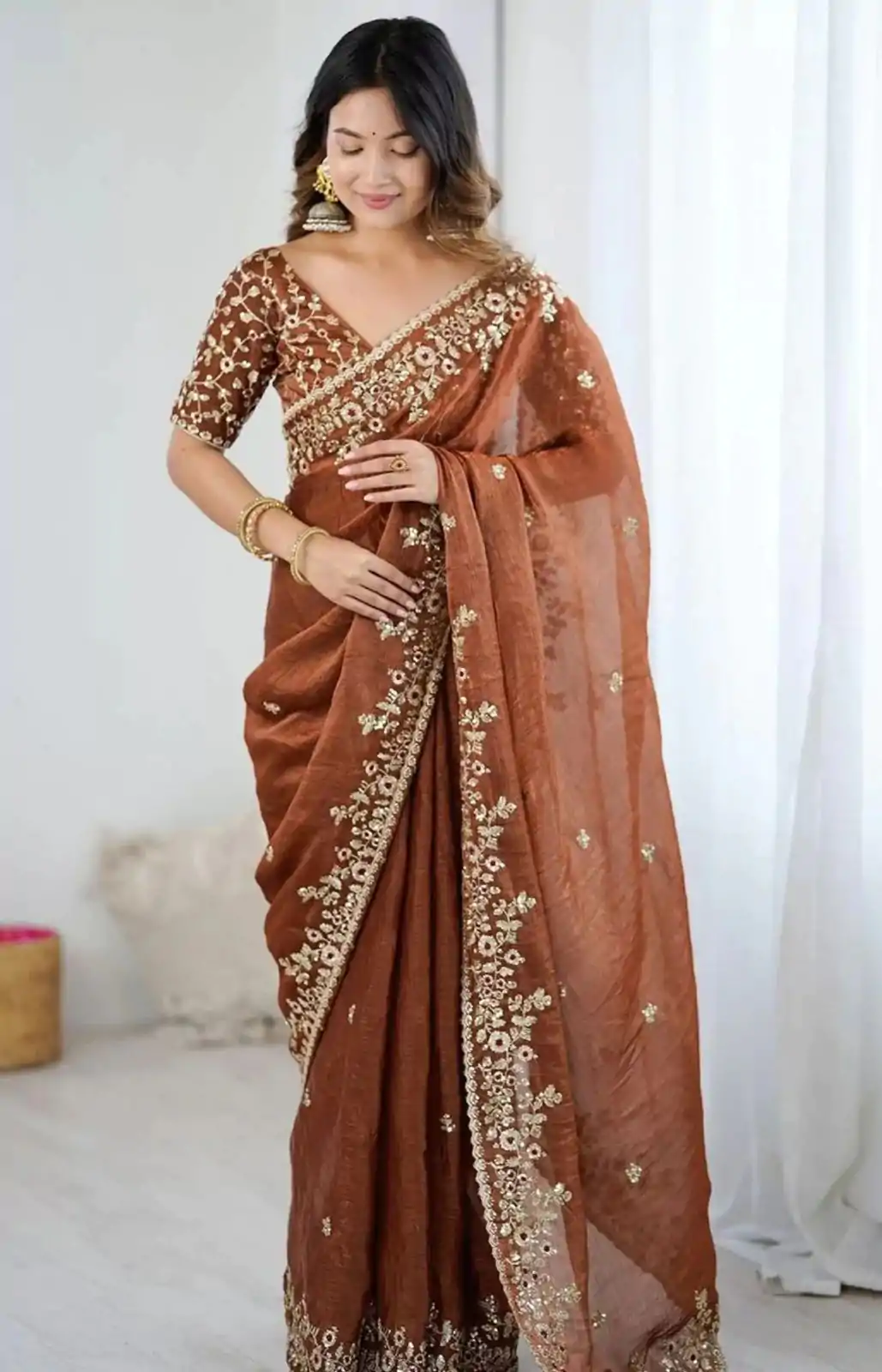 AC MISTY Rust in Fandy Chiffon Embroidery Work & Sequins Work Saree . Available at ₹1999 only. Delivery 4-6 Working Days. Shop now. | Bollywood Sarees, Creative Sarees, Designer Sarees, Embroidered Sarees, Ethnic Saree, Modern Digital sarees, Party Wear Sarees, Sarees