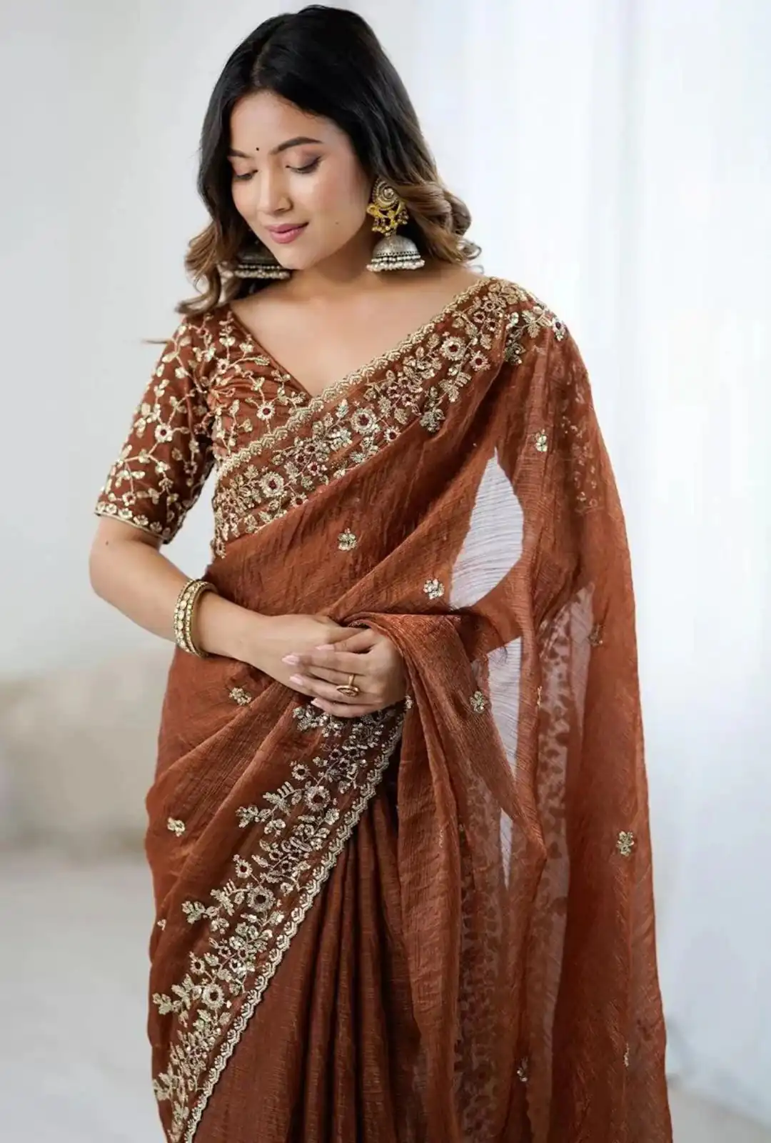 AC MISTY Rust in Fandy Chiffon Embroidery Work & Sequins Work Saree . Available at ₹1999 only. Delivery 4-6 Working Days. Shop now. | Bollywood Sarees, Creative Sarees, Designer Sarees, Embroidered Sarees, Ethnic Saree, Modern Digital sarees, Party Wear Sarees, Sarees