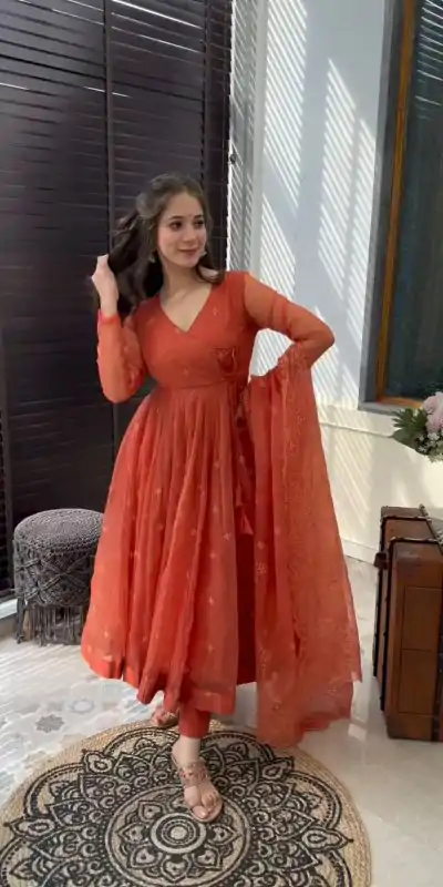 SRK 5184 Rust Color Georgette Embroidery Work Salwar Suit Wedding, Party, Festive, Events Expected Delivery 4-6 Working Days @ 2049/- | Designer Suits, Jump Suits, Casual Suits, Creative suits, Palazzo Suits, Party Wear Suits, Patiala Suits, Salwar suit, Straight Suits