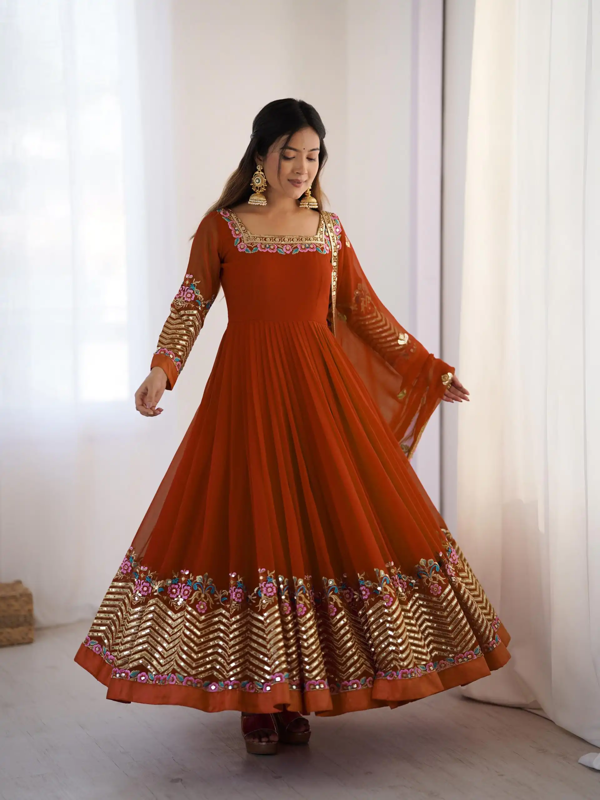 ZF 5010 Rust Georgette Gown Perfect for Wedding, Party, Pooja, Ethnic Day, Karwa Chauth – . Best Price ₹2049. Delivery 4-6 Working Days. Shop now. | Designer Suits, Jump Suits, Casual Suits, Creative suits, Palazzo Suits, Party Wear Suits, Patiala Suits, Salwar suit, Straight Suits