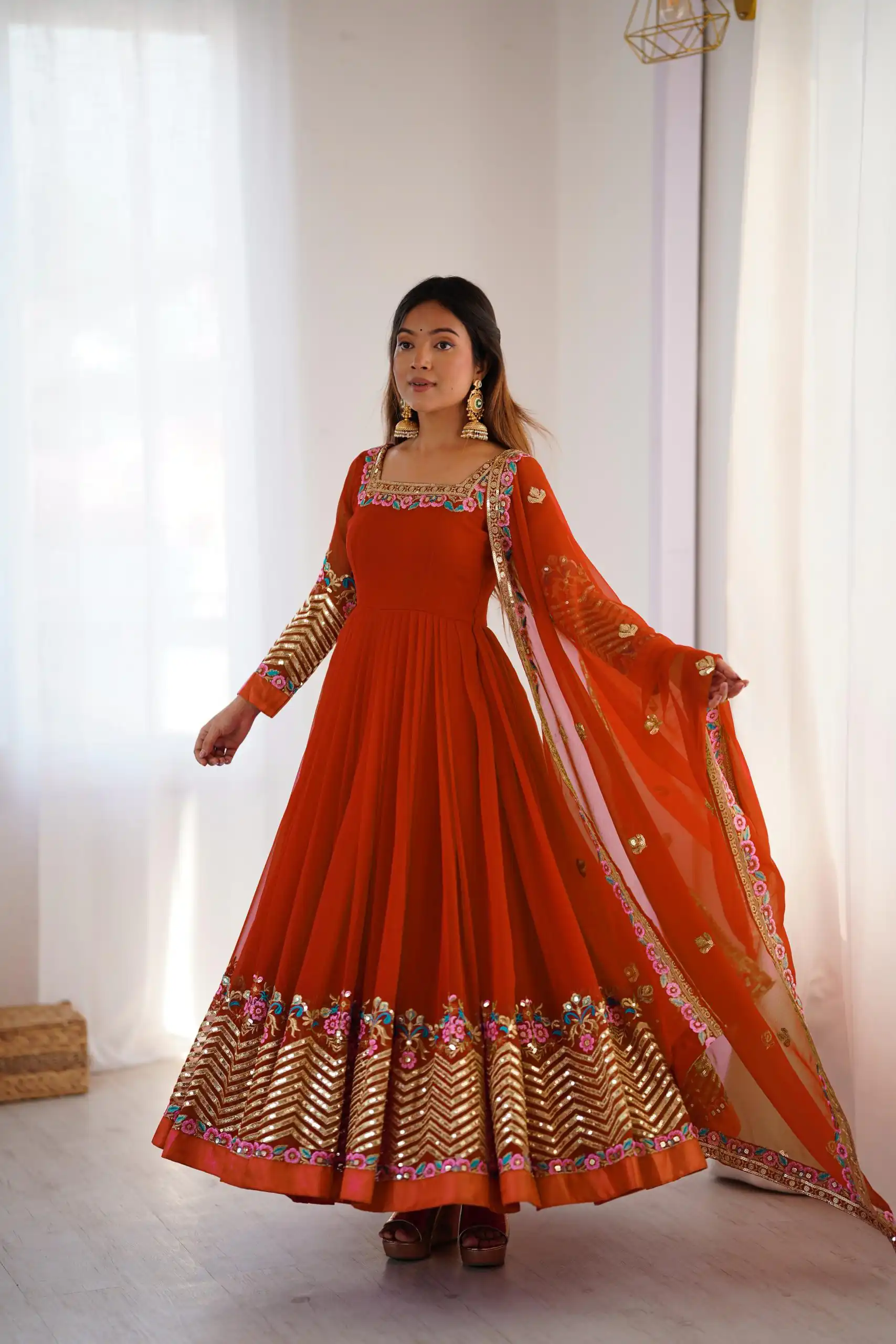 ZF 5010 Rust Georgette Gown Perfect for Wedding, Party, Pooja, Ethnic Day, Karwa Chauth – . Best Price ₹2049. Delivery 4-6 Working Days. Shop now. | Designer Suits, Jump Suits, Casual Suits, Creative suits, Palazzo Suits, Party Wear Suits, Patiala Suits, Salwar suit, Straight Suits