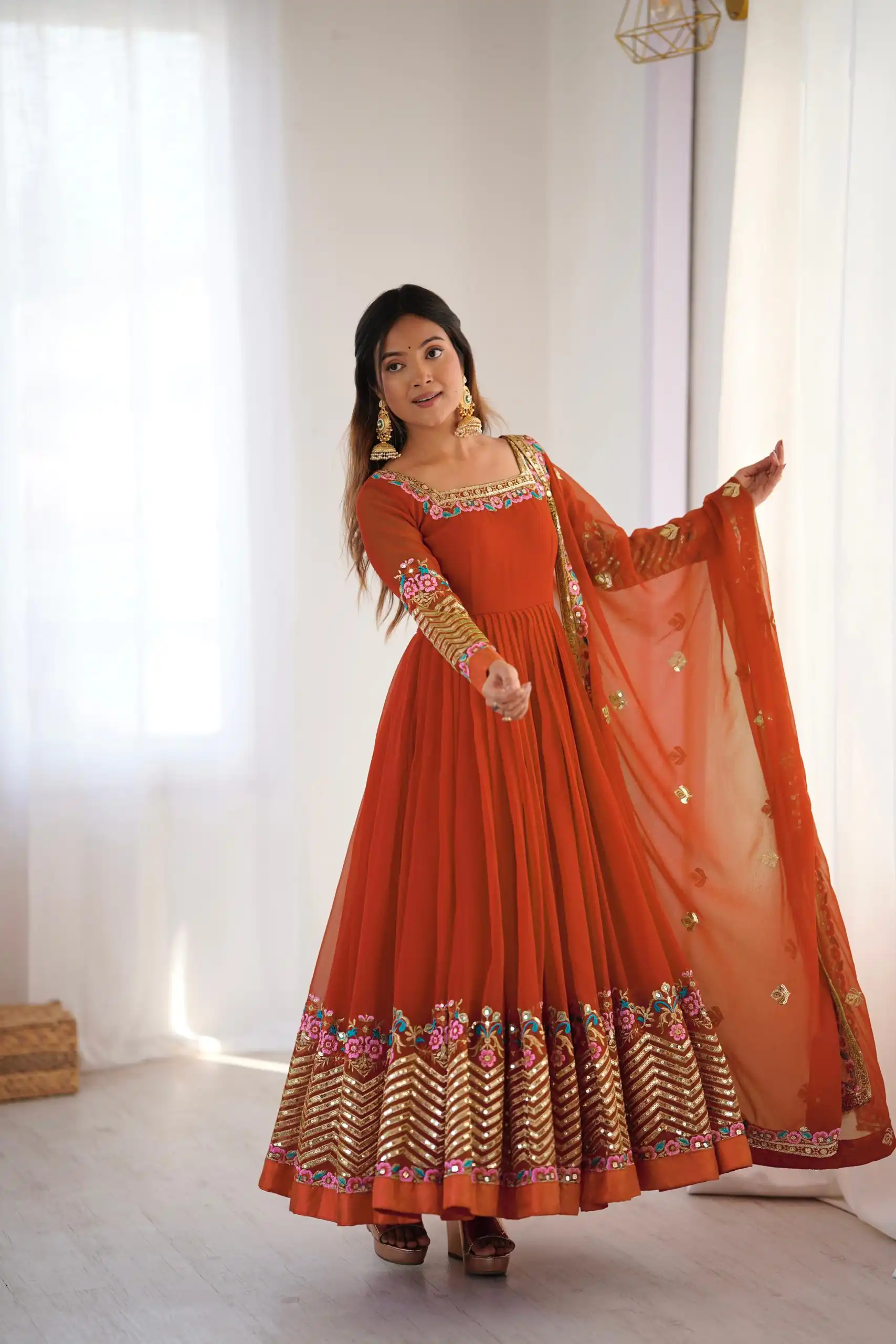 ZF 5010 Rust Georgette Gown Perfect for Wedding, Party, Pooja, Ethnic Day, Karwa Chauth – . Best Price ₹2049. Delivery 4-6 Working Days. Shop now. | Designer Suits, Jump Suits, Casual Suits, Creative suits, Palazzo Suits, Party Wear Suits, Patiala Suits, Salwar suit, Straight Suits