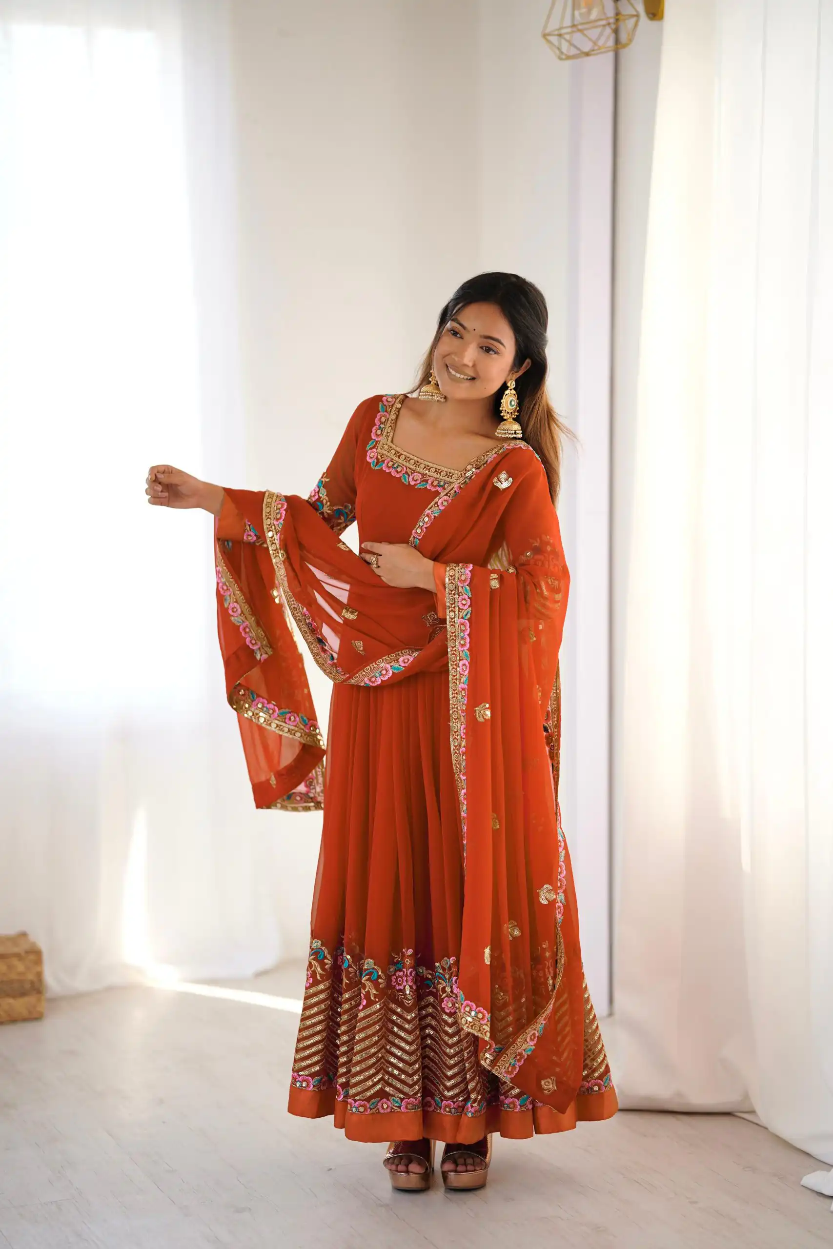 ZF 5010 Rust Georgette Gown Perfect for Wedding, Party, Pooja, Ethnic Day, Karwa Chauth – . Best Price ₹2049. Delivery 4-6 Working Days. Shop now. | Designer Suits, Jump Suits, Casual Suits, Creative suits, Palazzo Suits, Party Wear Suits, Patiala Suits, Salwar suit, Straight Suits