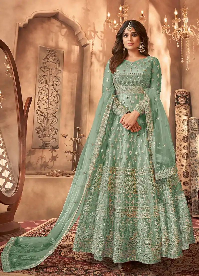 FC 8396 Sea Green in Net Embroidery Work Salwar Suit . Wedding, Party, Festive, Events, Exclusive Offer ₹3049. Delivery 4-6 Working Days. Shop now. | Designer Suits, Jump Suits, Casual Suits, Creative suits, Palazzo Suits, Party Wear Suits, Patiala Suits, Salwar suit, Straight Suits