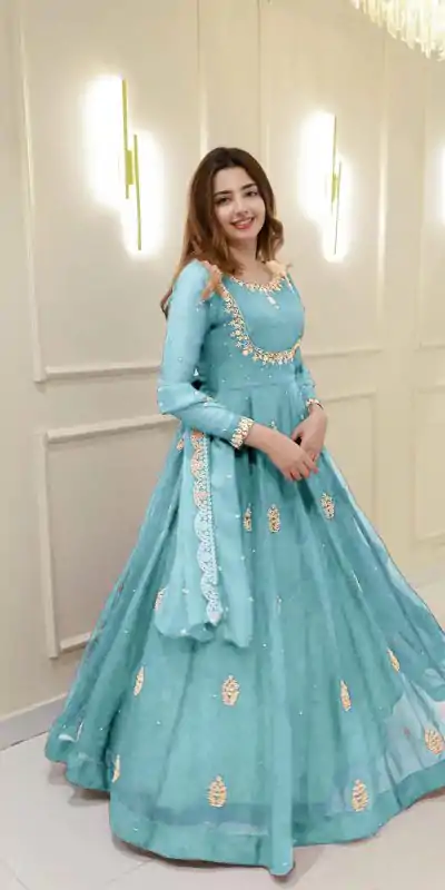 LG 2006 Sky Blue Georgette Gown Perfect for Wedding, Party, Engagement, Diwali, Sangeet . Exclusive Offer ₹1999. Delivery 4-6 Working Days. Shop now. | Bollywood Gowns, Creative Gowns, Designer Gowns, Embroidered Gowns, Gowns, Party Wear Gowns