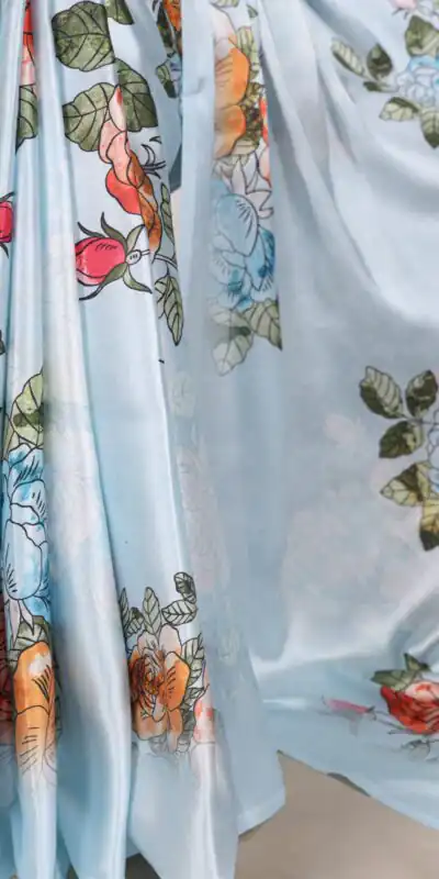 YNF 7004 Sky Blue Color Satin Silk Floral Printed Designer Work Saree . Grab it for ₹1549. Delivery 4-6 Working Days. Shop now. | Bollywood Sarees, Creative Sarees, Designer Sarees, Embroidered Sarees, Ethnic Saree, Modern Digital sarees, Party Wear Sarees, Sarees