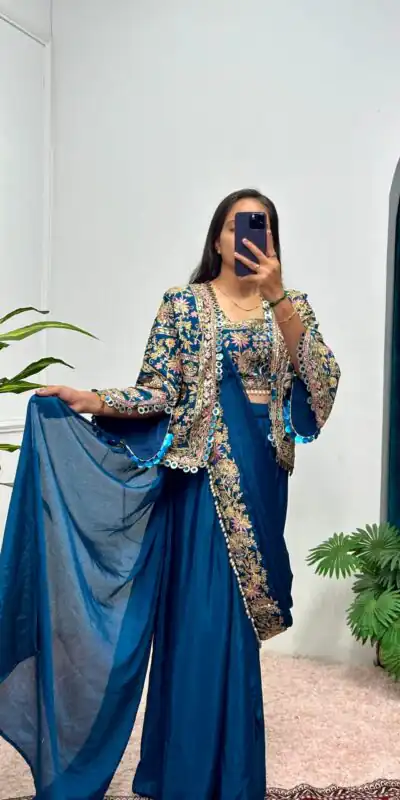 ST 1074 Teal Color Chinon Saree with Embroidery Work & Lace Work. Wedding, Party, Festive, Events, Best Price ₹2399. Delivery 4-6 Working Days. Shop now. | Bollywood Sarees, Creative Sarees, Designer Sarees, Embroidered Sarees, Ethnic Saree, Modern Digital sarees, Party Wear Sarees, Sarees