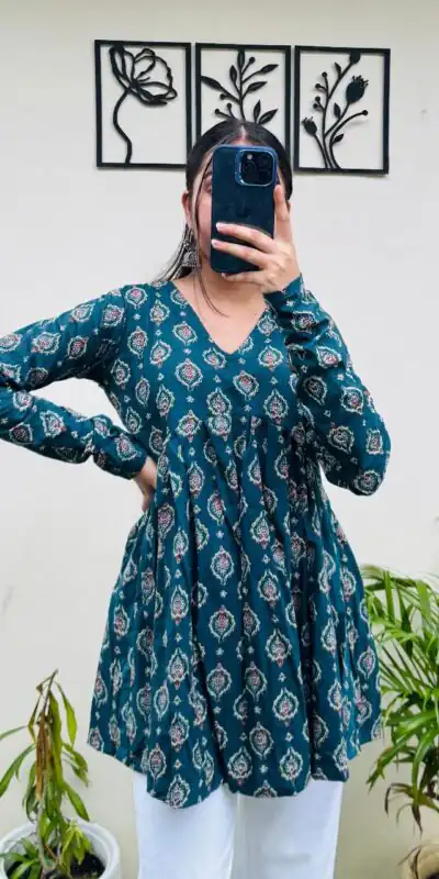 INLI Plume Teal Color Cotton with Designer Printed Work Kurti . Wedding, Party, Festive, Events, Best Price ₹1299. Delivery 4-6 Working Days. Shop now. | Bollywood Kurti, Creative Kurtis, Designer Kurti, Kurti, Party Wear Kurti, Selfie Kurti