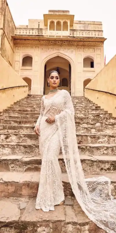 DF 3438 White Butterfly Net Saree with Sequins Work & Embroidery Work. Introductory Price ₹1799. Delivery 4-6 Working Days. Shop now. | Bollywood Sarees, Creative Sarees, Designer Sarees, Embroidered Sarees, Ethnic Saree, Modern Digital sarees, Party Wear Sarees, Sarees