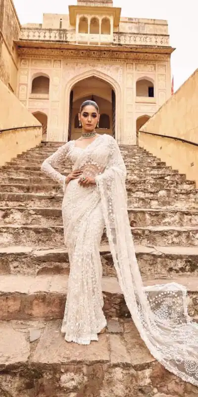 DF 3438 White Butterfly Net Saree with Sequins Work & Embroidery Work. Introductory Price ₹1799. Delivery 4-6 Working Days. Shop now. | Bollywood Sarees, Creative Sarees, Designer Sarees, Embroidered Sarees, Ethnic Saree, Modern Digital sarees, Party Wear Sarees, Sarees