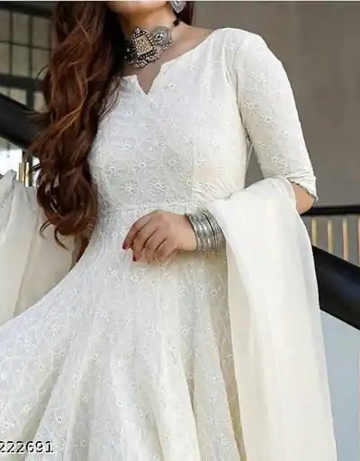 MF 511 White Cotton with Lace Work Gown . Wedding, Party, Festive, Events, Affordable Price ₹1549. Delivery 4-6 Working Days. Shop now. | Bollywood Gowns, Creative Gowns, Designer Gowns, Embroidered Gowns, Gowns, Party Wear Gowns