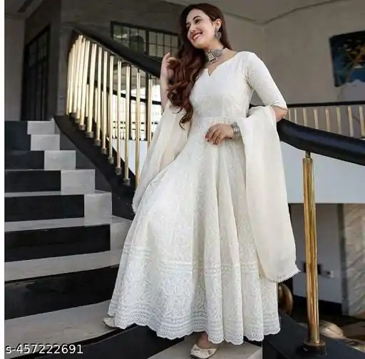 MF 511 White Cotton with Lace Work Gown . Wedding, Party, Festive, Events, Affordable Price ₹1549. Delivery 4-6 Working Days. Shop now. | Bollywood Gowns, Creative Gowns, Designer Gowns, Embroidered Gowns, Gowns, Party Wear Gowns