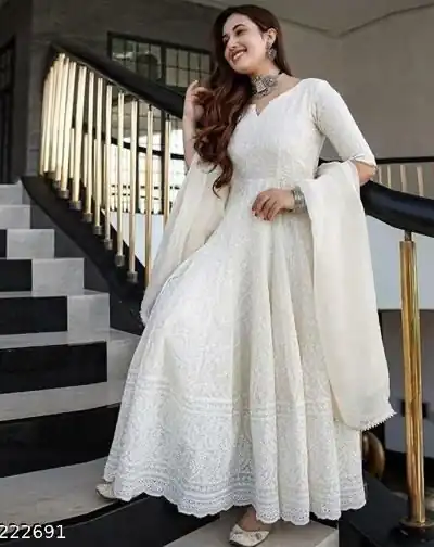 MF 511 White Cotton with Lace Work Gown . Wedding, Party, Festive, Events, Affordable Price ₹1549. Delivery 4-6 Working Days. Shop now. | Bollywood Gowns, Creative Gowns, Designer Gowns, Embroidered Gowns, Gowns, Party Wear Gowns