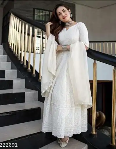 MF 511 White Cotton with Lace Work Gown . Wedding, Party, Festive, Events, Affordable Price ₹1549. Delivery 4-6 Working Days. Shop now. | Bollywood Gowns, Creative Gowns, Designer Gowns, Embroidered Gowns, Gowns, Party Wear Gowns