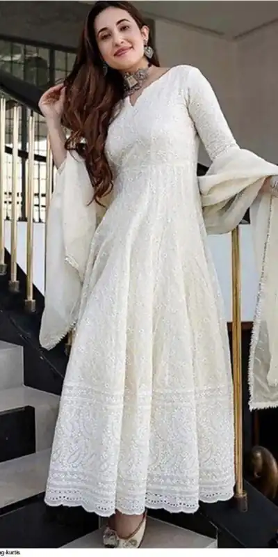 MF 511 White Cotton with Lace Work Gown . Wedding, Party, Festive, Events, Affordable Price ₹1549. Delivery 4-6 Working Days. Shop now. | Bollywood Gowns, Creative Gowns, Designer Gowns, Embroidered Gowns, Gowns, Party Wear Gowns