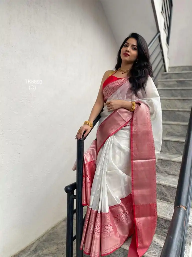 KPR 148 White Soft Lichi Silk Saree Perfect for Wedding, Party, Mehendi, Ganesh Chaturthi, Raksha Bandhan – . Introductory Price ₹1449. Delivery 4-6 | Bollywood Sarees, Creative Sarees, Designer Sarees, Embroidered Sarees, Ethnic Saree, Modern Digital sarees, Party Wear Sarees, Sarees