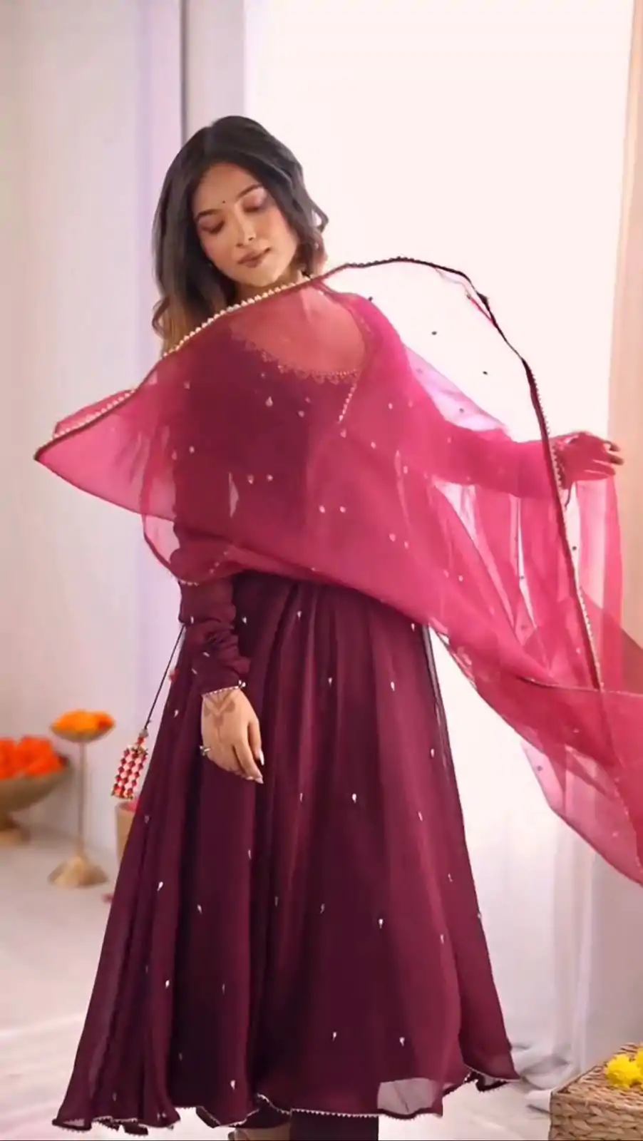 ZSR 3148 Wine Fox Georgette Gown Perfect for Wedding, Party, Traditional Day, Diwali, Anniversary – . Introductory Price ₹1949. Delivery 4-6 Working Days | Bollywood Gowns, Creative Gowns, Designer Gowns, Embroidered Gowns, Gowns, Party Wear Gowns