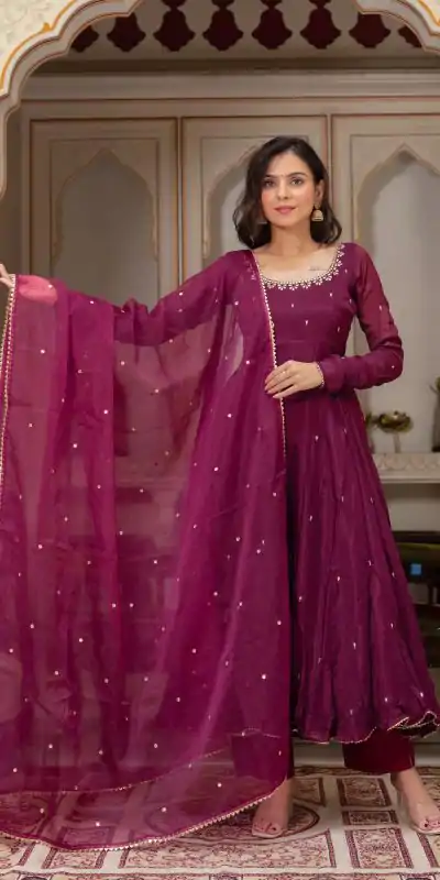 ZSR 3148 Wine Fox Georgette Gown Perfect for Wedding, Party, Traditional Day, Diwali, Anniversary – . Introductory Price ₹1949. Delivery 4-6 Working Days | Bollywood Gowns, Creative Gowns, Designer Gowns, Embroidered Gowns, Gowns, Party Wear Gowns