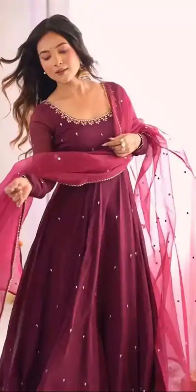 ZSR 3148 Wine Fox Georgette Gown Perfect for Wedding, Party, Traditional Day, Diwali, Anniversary – . Introductory Price ₹1949. Delivery 4-6 Working Days | Bollywood Gowns, Creative Gowns, Designer Gowns, Embroidered Gowns, Gowns, Party Wear Gowns
